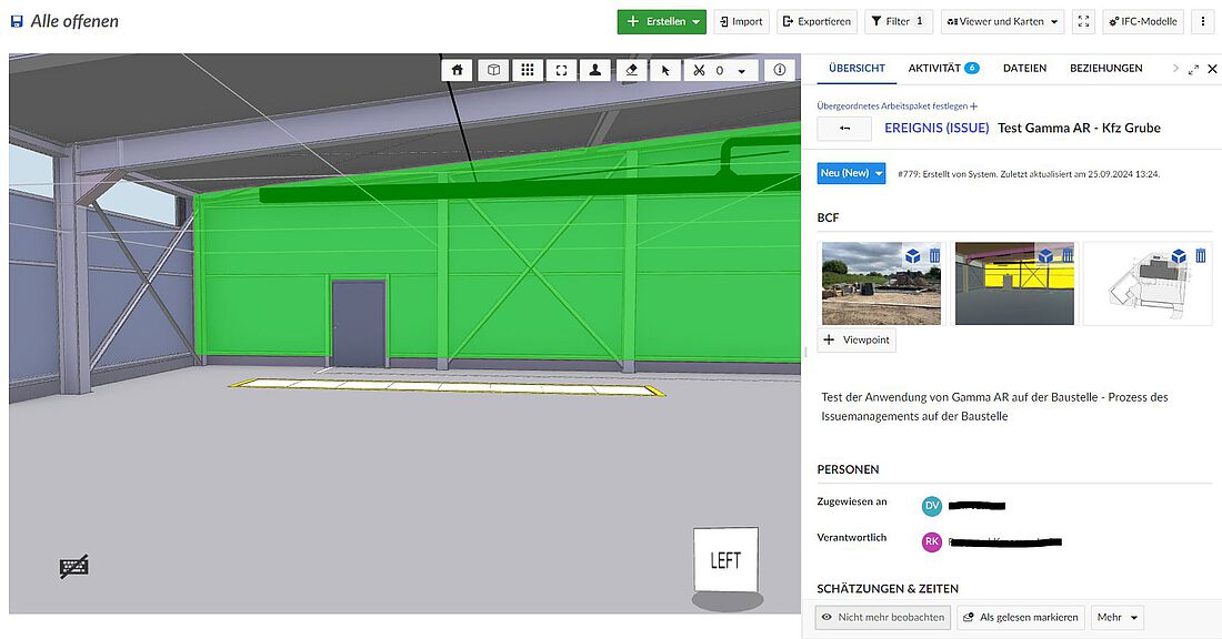 Die ersten Tests auf der Baustelle mit Gamma AR wurden durchgeführt. Es wurde eine Verortung der Modelle auf der Baustelle durchgeführt und es wurden Fotos und BCF erstellt. 