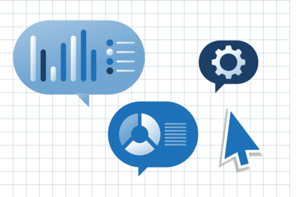 Grafische Darstellung dreier Sprechblasen in denen Diagramme zu sehen sind.