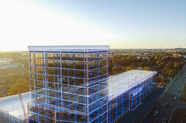 Hologram eines Gerüsts eines Gebäudes.