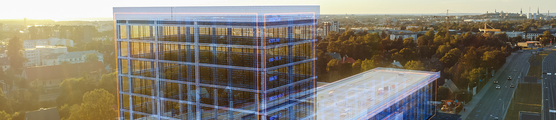 Hologram eines Gebäudes, das über eine Baustelle projeziert wird und die Anwendung von Building Information Modeling andeutet.. 