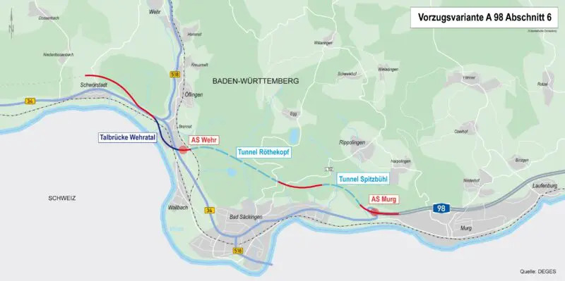Visualisierung der geplanten Streckenführung der Autobahn A 98, Abschnitt 6, mit markierter Vorzugsvariante in einer Landschaftsansicht.
