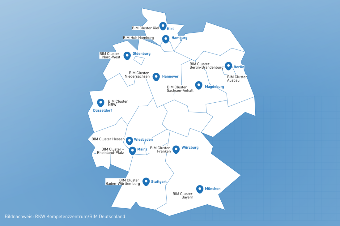 Eine Deutschlandkarte mit Markierungen, wo die BIM Cluster verortert sind.